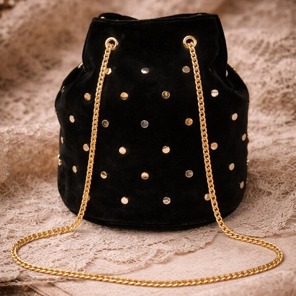 Francesca's Collections Handbags - NWT Francesca's Cross Body Faux Suede Nailhead Bucket Satchel Bag Black Gold